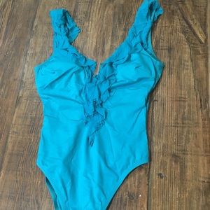 ABS Teal ruffled one piece sexy neckline